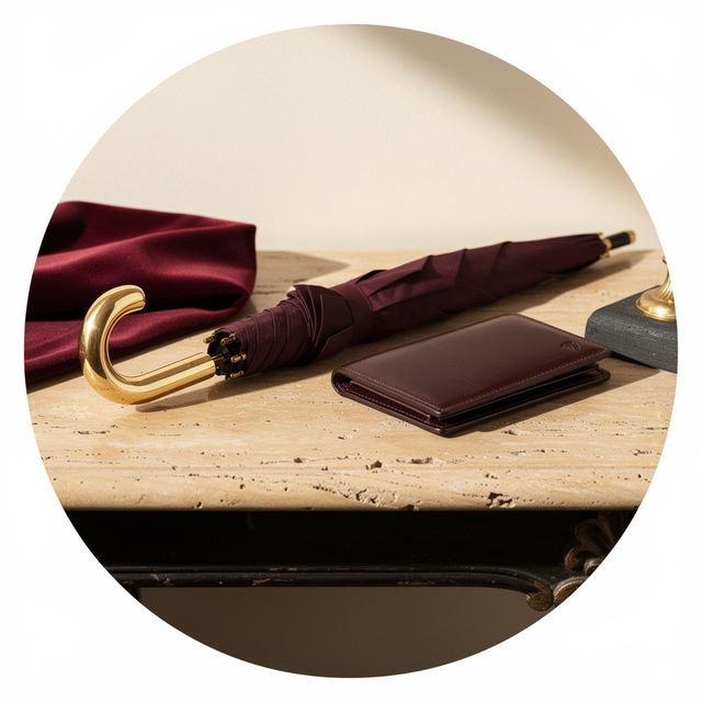 Oxblood umbrella with a gold handle and a dark leather wallet on warm stone.