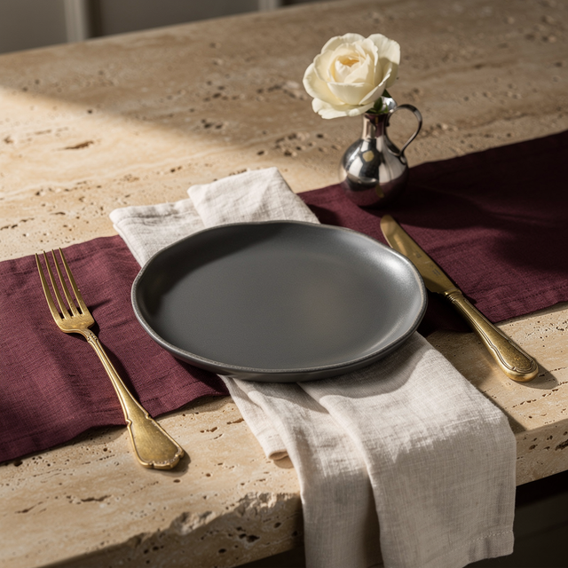 Gold flatware, a charcoal plate, ivory linen and a silver vase with an ivory rose.