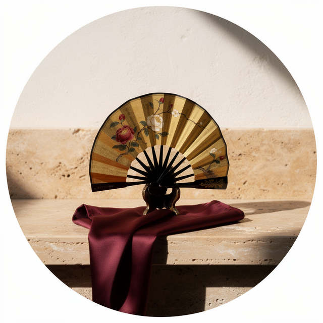A gold floral folding fan with black ribs, displayed on stone with oxblood silk.
