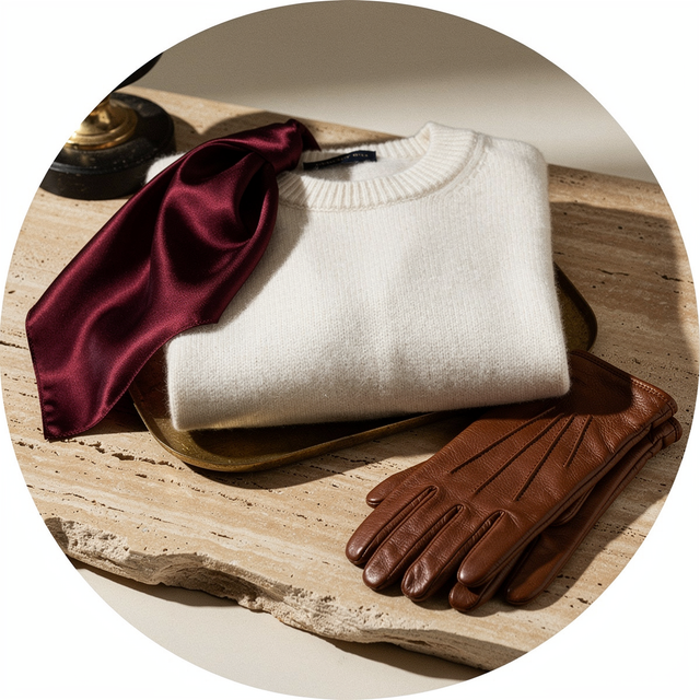 Ivory knitwear, an oxblood silk scarf and cognac leather gloves on travertine.
