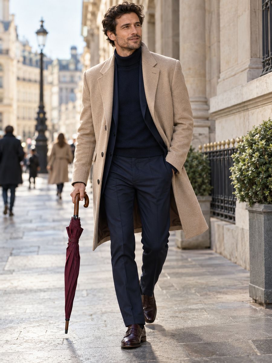 Editorial styling concept: a man in a beige coat walking along a city street with a burgundy umbrella.