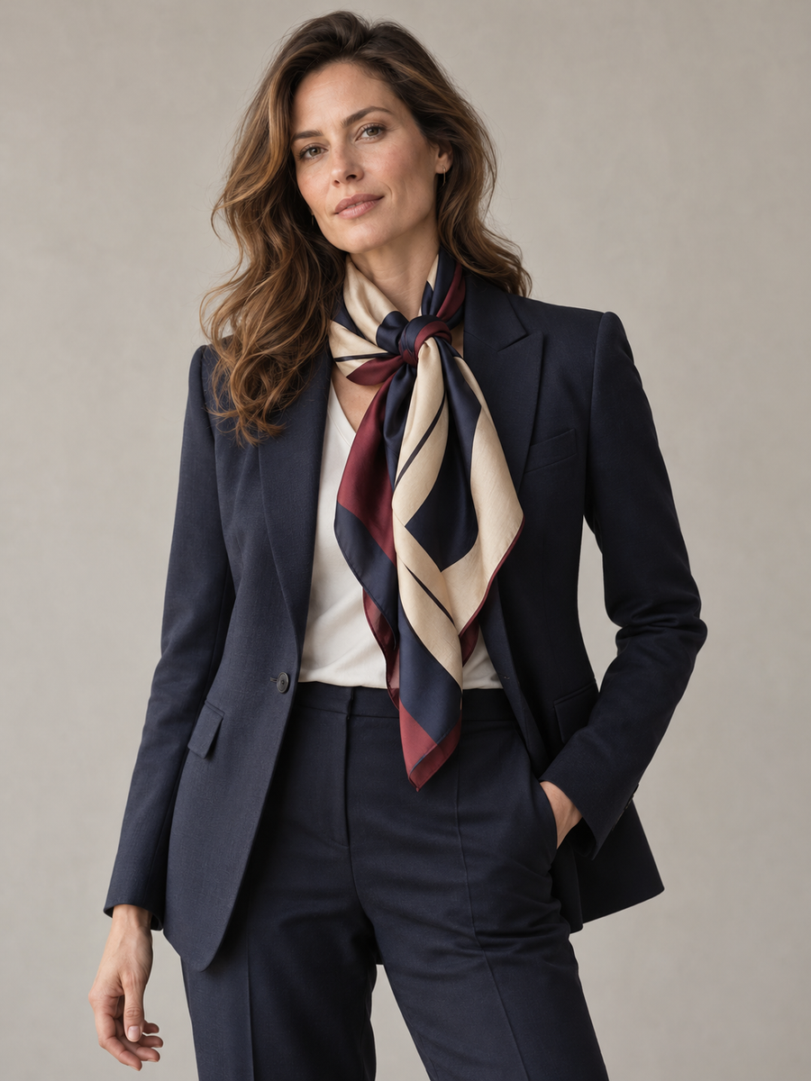 Editorial styling concept: a woman in navy tailoring wearing a sand, navy and burgundy scarf.