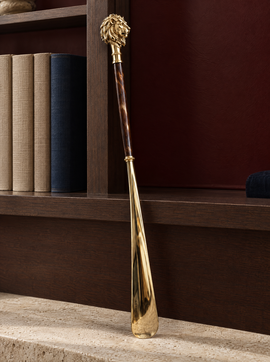 Gold lion shoehorn on sand travertine, against an oxblood and walnut library setting.