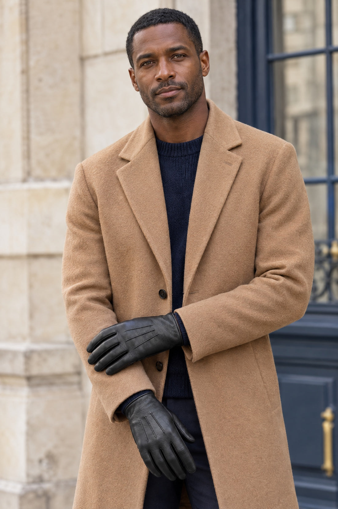 A man in a camel overcoat wearing black leather gloves.