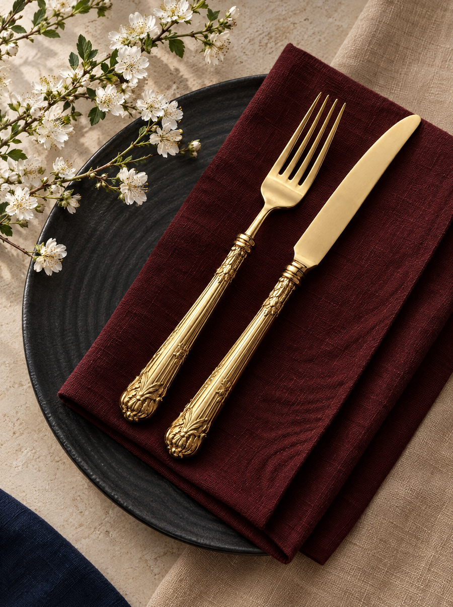 Gold fork and knife on oxblood linen, with a charcoal plate, sand tabletop and ivory blossoms.