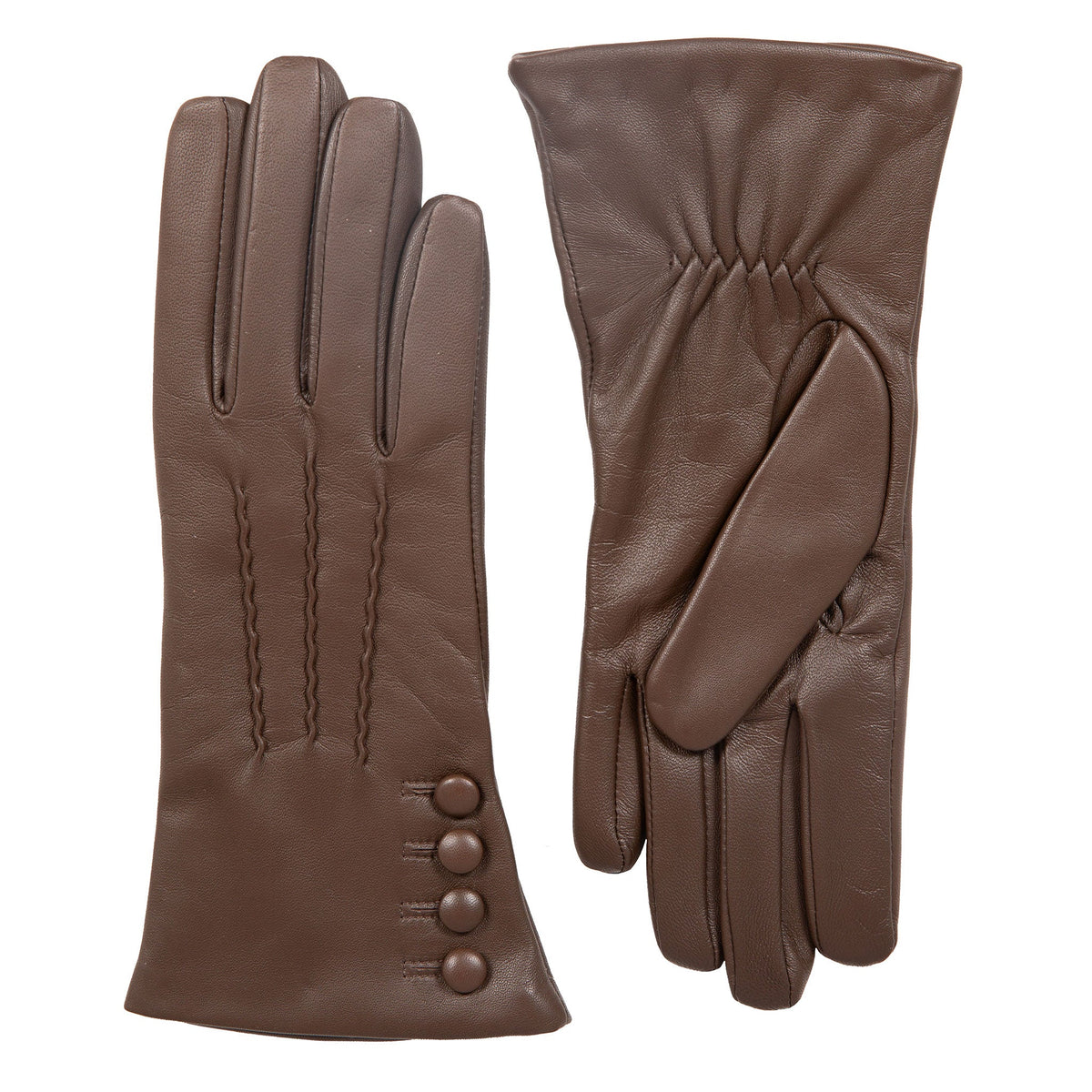 Women’s Touchscreen Three-Point Cashmere-Lined Leather Gloves with Buttons in mocca side